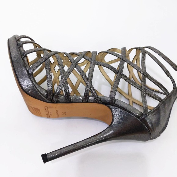 Jimmy Choo Glitter Leather Gladiator Heels In Anthracite Metallic Silver Gray - Picture 8 of 12